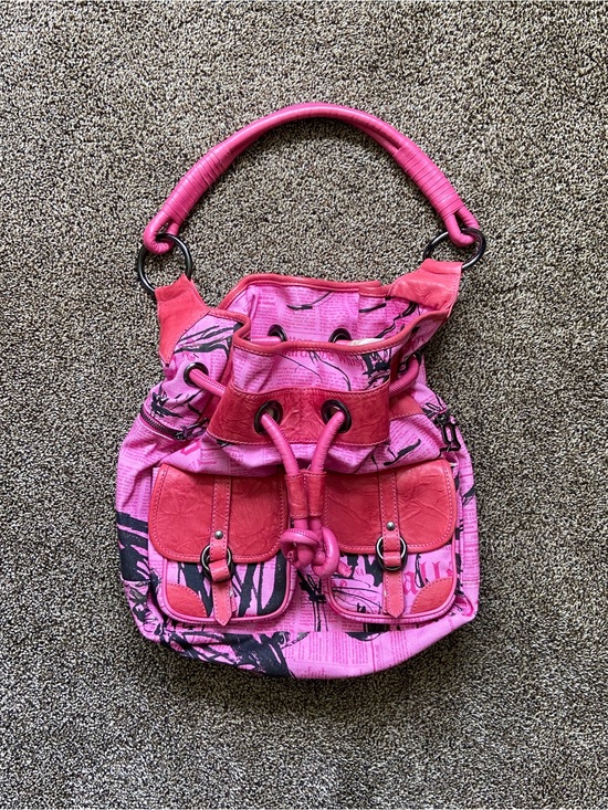 Galliano Handbags - Vintage John Galliano Pink Newspaper Print Leather/Canvas Shoulder Slouchy Bag